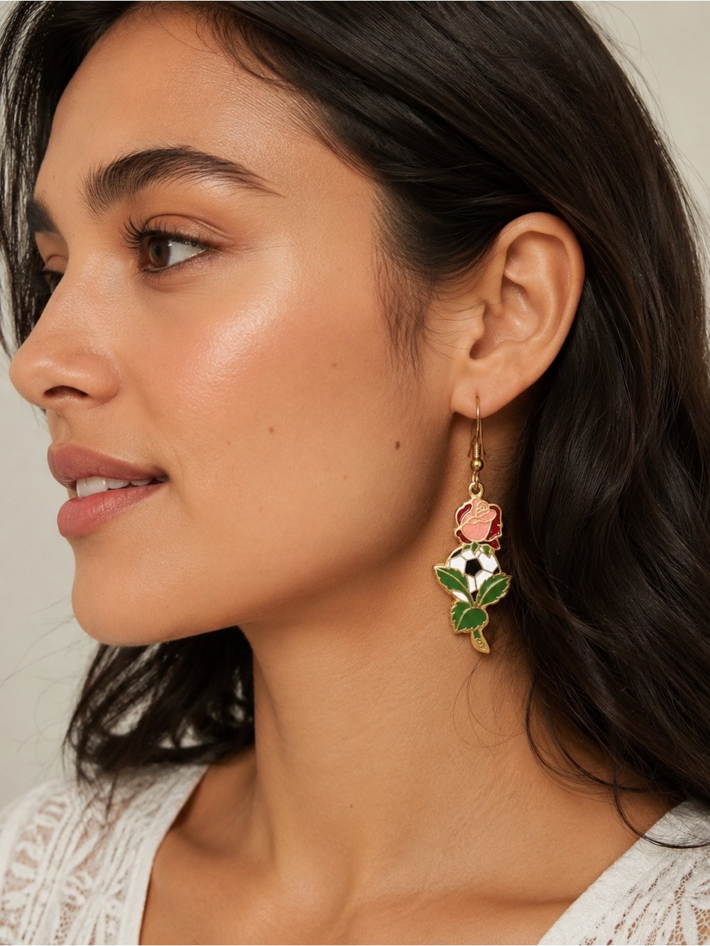 Gold-Tone Pink Rose and Green Leaf Drop Earrings